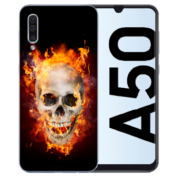 Samsung Galaxy A50 Silikon TPU Hülle mit Bilddruck Totenschädel Feuer