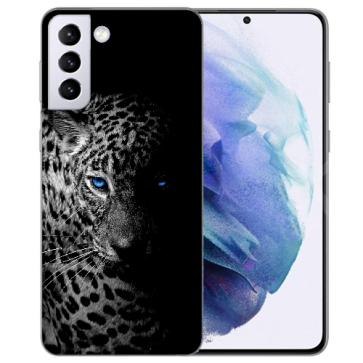 Samsung Galaxy S21 Plus Silikon Hülle mit Fotodruck Leopard mit blauen Augen