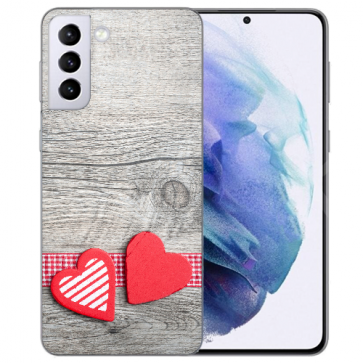 Samsung Galaxy S21 Silikon TPU Hülle mit Bilddruck Herzen auf Holz