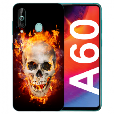 Samsung Galaxy A60 Silikon TPU Hülle mit Fotodruck Totenschädel Feuer