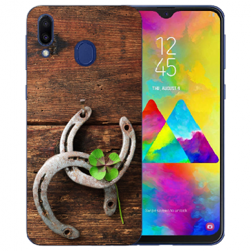 Samsung Galaxy M20 Silikon TPU Hülle mit Fotodruck Holz hufeisen