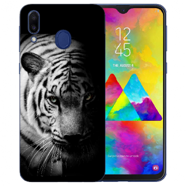 Samsung Galaxy M20 Silikon TPU Hülle mit Bilddruck Tiger Schwarz Weiß