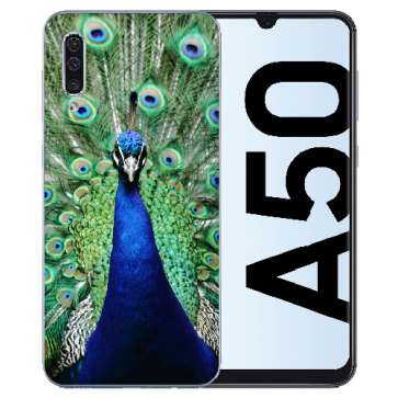 Silikon TPU Handy Hülle für Samsung Galaxy A50 mit Pfau Bilddruck