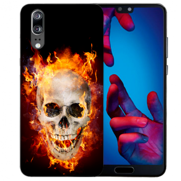 Huawei P20 Handy Hülle Silikon TPU mit Fotodruck Totenschädel Feuer