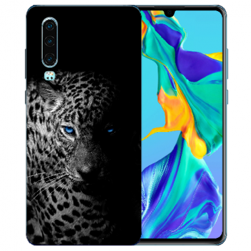 Huawei P30 Silikon TPU Hülle mit Bilddruck Leopard mit blauen Augen  