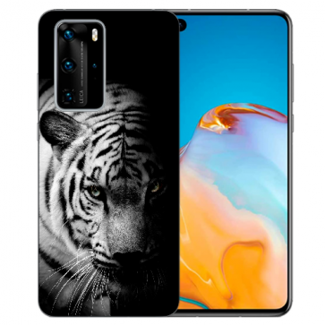 Huawei P40 Silikon TPU Hülle mit Bild Druck Tiger Schwarz Weiß