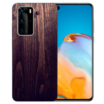 Huawei P40 Silikon TPU Handy Hülle mit Bilddruck HolzOptik Dunkelbraun 