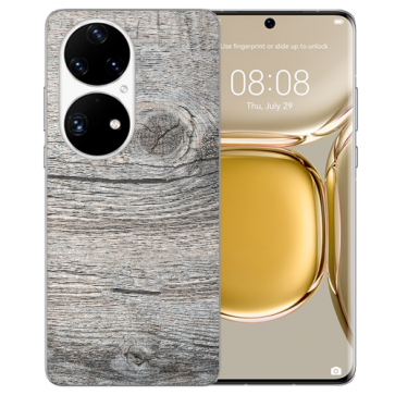 Silikon TPU für Huawei P50 Handy Hülle mit Fotodruck Holzoptik Grau