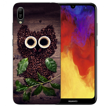 Huawei Y6 (2019) Silikon TPU Hülle mit Bilddruck Kaffee Eule Etui 