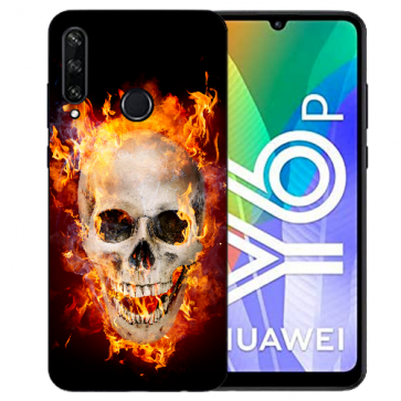 Huawei Y6P (2020) TPU Hülle mit Fotodruck Totenschädel Feuer Etui