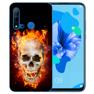 Huawei P20 Lite 2019 Silikon TPU Hülle mit Bilddruck Totenschädel Feuer