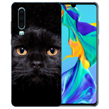 Huawei P30 Silikon TPU Case Schutzhülle mit Bilddruck Schwarz Katze