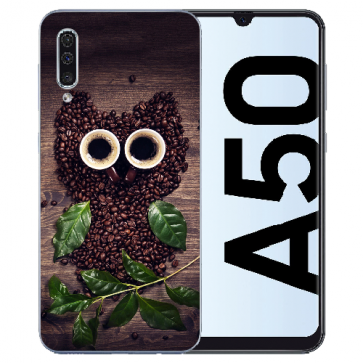 Samsung Galaxy A50 Silikon TPU Hülle mit Bilddruck Kaffee Eule