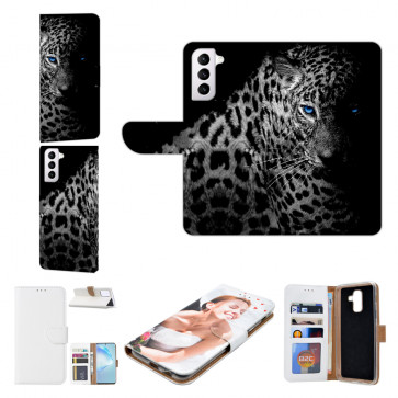 Samsung Galaxy S21 Plus Handy Tasche mit Bilddruck Leopard mit blauen Augen