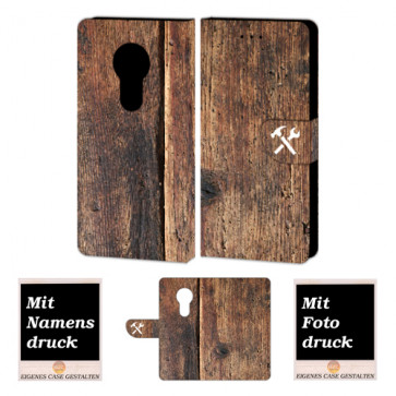 Motorola Maoto E5 Schutzhülle Handy Tasche mit Holz + Fotodruck Text