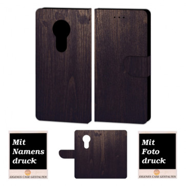 Motorola Maoto E5 Handyhülle Tasche mit Holz - Optik + Bild Text Druck