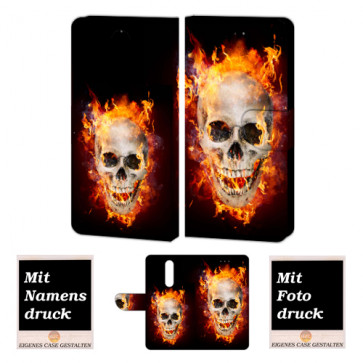 One Plus 6 Handy Hülle Tasche mit Totenschädel - Feuer + Bild Druck Etui