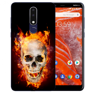 Nokia 3.1 Plus Silikon Schutzhülle TPU mit Bild druck Totenschädel Feuer