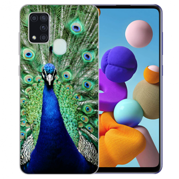 TPU Schutzhülle Silikon für Samsung Galaxy A21s mit Bilddruck Pfau