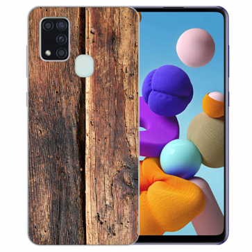 Samsung Galaxy M21 Silikon TPU Hülle mit Bilddruck HolzOptik Etui