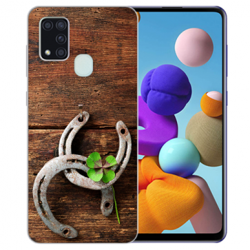 Samsung Galaxy A21s Silikon TPU Hülle mit Bilddruck Holz hufeisen