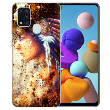 Samsung Galaxy A21s Silikon TPU Hülle mit Bilddruck Indianerin Porträt