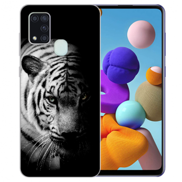 Samsung Galaxy M30S TPU Hülle mit Tiger Schwarz Weiß Bilddruck 