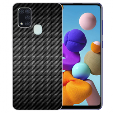 Samsung Galaxy M21 Silikon TPU Schutz Hülle mit Bilddruck Carbon Optik