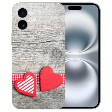 Personalisierte Silikon Handy Hülle für iPhone 16 Cover Case Herzen auf Holz Fotodruck 