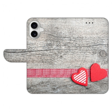 Handyhülle Tasche für iPhone 16 Plus mit Fotodruck Herzen auf Holz Etui