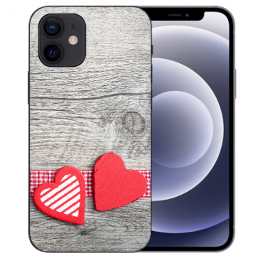 iPhone 12 mini Handy Schutzhülle Tasche mit Fotodruck Herzen auf Holz