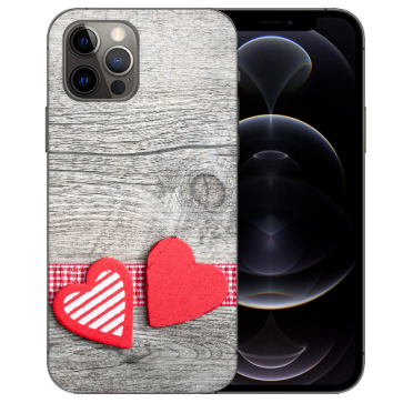 iPhone 12 Pro Handy Hülle Tasche mit Bilddruck Herzen auf Holz