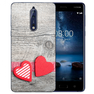 Nokia 8 TPU Hülle mit Fotodruck Herzen auf Holz Etui
