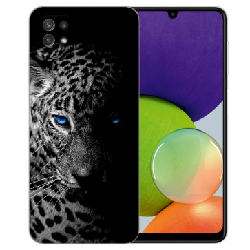 Samsung Galaxy A22 (5G) Silikon Hülle mit Foto Druck Leopard mit blauen Augen