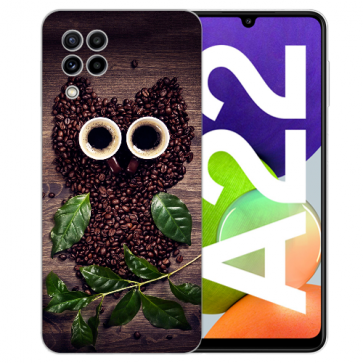 Samsung Galaxy A22 (4G) Silikon TPU Handy Hülle mit Fotodruck Kaffee Eule