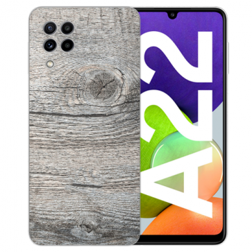 Samsung Galaxy A22 (4G) Silikon TPU Handy Hülle mit Holzoptik Grau Fotodruck 