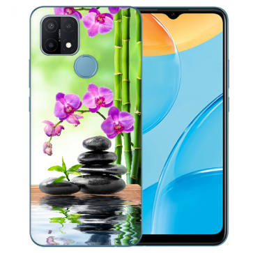 Oppo A15 Silikon Handy Hülle mit Fotodruck Orchidee Bambus und Basaltsteine  Oppo A15 Silikon Handy Hülle mit Fotodruck Orchidee Bambus und Basaltsteine