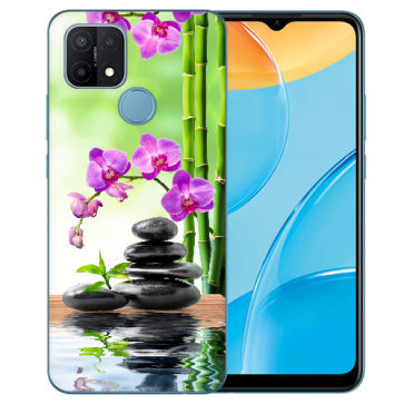 Oppo A15 Silikon Handy Hülle mit Fotodruck Orchidee Bambus und Basaltsteine 