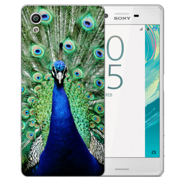 Sony Xperia X Schutz Hülle Handy Cover Schale Silikon mit Pfau Fotodruck 