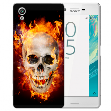 Sony Xperia X Silikon TPU Handy Hülle mit Fotodruck Totenschädel Feuer