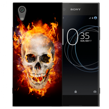Sony Xperia L1 Silikon TPU Handy Hülle mit Bild Druck Totenschädel Feuer