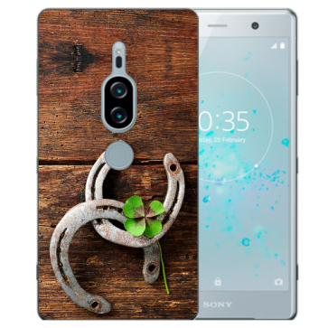 Sony Xperia XZ2 Premium Silikon Hülle mit Fotodruck Holz hufeisen