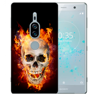 Sony Xperia XZ2 Premium Silikon TPU Hülle mit Fotodruck Totenschädel Feuer