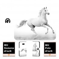 Samsung Galaxy J4 Plus (2018) Handytasche Hülle mit Pferd +Foto Text Druck