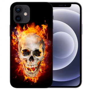 iPhone 12 mini Handy Schutzhülle Tasche mit Fotodruck Totenschädel Feuer