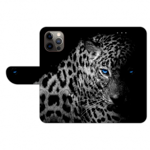 iPhone 12 Pro Max Handyhülle Tasche mit Bilddruck Leopard mit blauen Augen