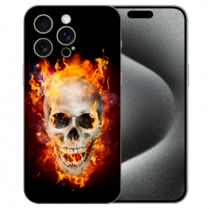 Individuelle Handy Hülle mit eigenem Fotodruck Totenschädel Feuer für iPhone 15 Pro Etui