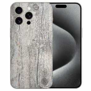 Silikon Handy Hülle für iPhone 15 Pro mit eigenem Fotodruck Holzoptik Grau Cover
