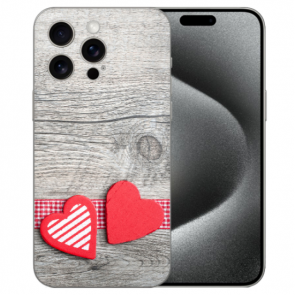 TPU Handy Hülle für iPhone 15 Pro mit eigenem Fotodruck Herzen auf Holz