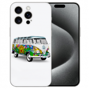 Personalisierte Silikon Cover Case für iPhone 15 Pro Max mit eigenem Hippie Bus Bilddruck Cover